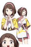  :d alternate_costume blush blush_stickers boku_no_hero_academia breasts brown_eyes brown_hair casual collarbone fingers_together hairband highres medium_breasts multiple_views open_mouth oversized_clothes oversized_shirt shi_er_xian shirt short_sleeves shorts simple_background smile t-shirt uraraka_ochako white_background 