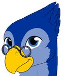  ambiguous_gender avian beak bird blue_eyes blue_feathers erelonhart eyewear feathers glasses gryphon looking_at_viewer mizque smile solo 
