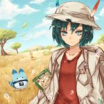  animal_ears aqua_hair arm_up backpack bag blonde_hair blue_eyes blue_sky breast_pocket clipboard cloud coat collarbone commentary_request cosplay day elbow_gloves eyebrows_visible_through_hair gloves grass hair_between_eyes hands_in_pockets hat hat_feather helmet high-waist_skirt highres kaban_(kemono_friends) kako_(kemono_friends) kako_(kemono_friends)_(cosplay) kemono_friends kyuumoto_kuku leaf long_sleeves looking_at_another looking_at_viewer lucky_beast_(kemono_friends) map multiple_girls open_clothes open_coat outdoors paper pen pith_helmet pocket savannah scenery serval_(kemono_friends) serval_ears serval_print serval_tail shirt short_hair skirt sky sleeveless sleeveless_shirt smile standing striped_tail t-shirt tail tree upper_body waving |_| 
