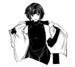  androgynous bare_shoulders black_dress commentary_request dress elbow_gloves gloves greyscale highres jacket jikatarou looking_to_the_side monochrome off_shoulder short_hair simple_background sleeveless sleeveless_dress tokyo_ghoul ui_koori white_background 