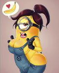  &lt;3 1_eye banana breasts brown_hair butt cleavage clothed clothing crossgender female food freckles fruit hair lips looking_at_viewer minions pink_lips ponytail shadman solo thick_thighs 