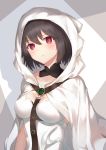  1girl :&lt; arms_at_sides bangs bare_arms black_hair blush breasts cleavage cleavage_cutout cloak closed_mouth collarbone commentary_request detached_collar eyebrows_visible_through_hair fate/grand_order fate_(series) hair_between_eyes head_tilt highres hood hooded_cloak leotard looking_at_viewer medium_breasts ortlinde_(fate/grand_order) red_eyes reuri_(tjux4555) shade shadow short_hair solo upper_body valkyrie_(fate/grand_order) white_cloak white_leotard 