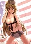  american_flag barefoot belt blonde_hair breasts flag_background front-tie_top grey_eyes iowa_(kantai_collection) kantai_collection large_breasts long_hair long_sleeves mashayuki multicolored multicolored_clothes multicolored_skirt sketch skirt smile solo star star-shaped_pupils symbol-shaped_pupils twitter_username 