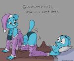  2018 3_toes 4_fingers all_fours anthro bed bedding big_breasts biting_lip blanket blue_fur bra breasts butt callmewritefag cartoon_network cat clothed clothing cub digital_media_(artwork) duo erection feet feline female fur gumball_watterson half-closed_eyes hat hi_res implied_incest inside lying male male/female mammal mother mother_and_son nicole_watterson nightcap nipple_bulge nude on_back pajamas panties parent partially_clothed pillow presenting presenting_hindquarters purple_bottomwear purple_headwear purple_topwear simple_background son tenting the_amazing_world_of_gumball toes underwear young 