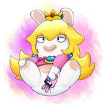  anthro blonde_hair blue_eyes bottomless cellphone clothed clothing crown ear_piercing female hair half-closed_eyes jewelry lips mammal mario_+_rabbids:_kingdom_battle mario_bros missdetrop nintendo phone piercing pussy_juice rabbid rabbid_peach semi-anthro shortstack simple_background smile solo spread_legs spreading ubisoft video_games 