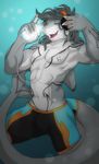  2016 5_fingers abs anthro biceps bulge cellphone claws clothed clothing digital_media_(artwork) dorsal_fin eyes_closed fin fish grey_hair hair headphones hi_res male marine muscular muscular_male navel nipple_piercing nipples open_mouth pecs phone piercing rhodyn shark solo swimming_trunks swimsuit tail_fin tojo_the_thief tongue topless 