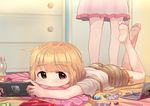  ass bangs barefoot bedroom blanket blonde_hair blush bottle brown_eyes candy candy_wrapper cellphone chest_of_drawers covered_mouth dvd_case eyebrows_visible_through_hair feet feet_up fingernails food futaba_anzu handheld_game_console highres horizontal_stripes idolmaster idolmaster_cinderella_girls indoors kamille_(vcx68) long_hair looking_at_viewer lying multiple_girls nail_polish nintendo nintendo_switch on_floor on_stomach out_of_frame phone playing_games red_eyes shirt short_sleeves shorts smartphone soles solo_focus standing striped striped_shorts t-shirt twintails white_shirt wide_face wrapped_candy yellow_nails 