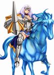  1girl annelotte armor armored_dress blue_eyes boots breasts cape choker cleavage contrapposto eiwa forehead_protector full_body gauntlets greaves horse large_breasts legs long_hair lost_worlds purple_hair queen&#039;s_blade queen&#039;s_blade_rebellion skirt solo weapon 