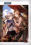  3girls ^_^ absurdres alternate_costume angry bangs bare_shoulders belt black_bow black_legwear blonde_hair blue_sky blush bow breasts brown_eyes buttons cleavage closed_eyes clothes_in_front cloud crack cygames day earrings erune farrah_(granblue_fantasy) flipped_hair flower granblue_fantasy hair_between_eyes hair_bow hairband highres holding_clothes jealous jewelry katalina_aryze light_brown_hair long_hair lowain_(granblue_fantasy) medium_breasts minaba_hideo multiple_girls necklace non-web_source official_art pants pantyhose peeking_out plant pleated_skirt ponytail pot potted_plant puffy_short_sleeves puffy_sleeves purple_skirt red_eyes scan school_uniform serafuku short_hair short_sleeves silver_hair skirt sky smile vira_lilie 