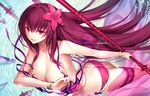  artist_name ass bangs bare_shoulders bikini bikini_top_removed bracelet breasts butt_crack cleavage collarbone commentary_request covering covering_breasts eyebrows_visible_through_hair fate/grand_order fate_(series) flower gae_bolg hair_flower hair_ornament hibiscus hips holding holding_weapon jewelry kousaki_rui lance large_breasts long_hair looking_at_viewer parted_lips perspective polearm purple_hair red_bikini red_eyes sarong scathach_(fate)_(all) scathach_(swimsuit_assassin)_(fate) signature smile solo swimsuit thigh_strap thighs water weapon wet 
