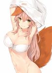  animal_ears bangs bottomless bow bow_bra bra breasts cleavage closed_mouth collarbone commentary eyebrows_visible_through_hair fang fang_out fate/extra fate_(series) fox_ears fox_tail highres large_breasts lifted_by_self long_hair looking_at_viewer navel out-of-frame_censoring pink_hair ribbon shirt shirt_lift silver_(chenwen) simple_background solo standing stomach tail tamamo_(fate)_(all) tamamo_no_mae_(fate) underwear undressing white_background white_bra white_ribbon white_shirt yellow_eyes 