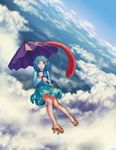  absurdres blue_hair blue_skirt blush cloud cloudy_sky day flying full_body geta highres holding holding_umbrella looking_at_viewer one_eye_closed outdoors parasol red_eyes short_hair skirt sky smile solo tatara_kogasa tongue tongue_out touhou umbrella wasabichan 