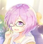  adjusting_eyewear babouo blush collarbone eyebrows_visible_through_hair fate/grand_order fate_(series) glasses hair_over_one_eye mash_kyrielight open_mouth purple_eyes purple_hair short_hair signature solo teeth upper_body 