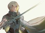  1boy armor bangs bedivere_(fate/grand_order) blonde_hair blue_eyes braid cape fate/grand_order fate_(series) gauntlets hair_bun holding holding_sword holding_weapon image_sample kibadori_rue long_hair looking_at_viewer ponytail sidelocks solo sword tumblr_sample weapon white_background white_cape 
