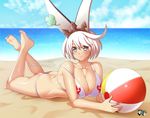 1girl ahoge aqua_eyes arc_system_works ass ball bare_shoulders barefoot beach bikini blush breasts bunny_ears butt_crack cleavage clover downpants elphelt_valentine four-leaf_clover guilty_gear guilty_gear_xrd guilty_gear_xrd:_revelator jadenkaiba large_breasts looking_at_viewer lying on_stomach shiny shiny_skin short_hair smile solo swimsuit the_pose white_hair 