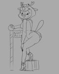  2018 4_fingers anthro butt butt_pose callmewritefag cartoon_network cat clothed clothing digital_media_(artwork) feline female footwear furry_character_wearing_fursuit fursuit grey_background high_heels looking_back mammal monochrome nicole_watterson nipple_bulge open_mouth shoes simple_background solo standing the_amazing_world_of_gumball whiskers 