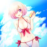  adapted_costume bikini breasts can cleavage cloud collarbone day dutch_angle fate/grand_order fate_(series) front-tie_top hair_over_one_eye lens_flare mash_kyrielight medium_breasts navel open_mouth purple_eyes purple_hair short_hair side-tie_bikini soda_can solo sun swimsuit swimsuit_of_perpetual_summer thigh_gap uzu_hi white_bikini 