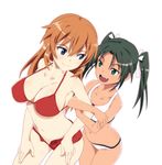  arm_hug bikini black_hair blue_eyes blush breasts charlotte_e_yeager cleavage collarbone commentary_request dark_skin fang francesca_lucchini green_eyes hair_ribbon large_breasts long_hair looking_at_another micro_shorts multiple_girls nanashino navel orange_hair red_bikini ribbon shorts smile strike_witches swimsuit twintails white_bikini world_witches_series 