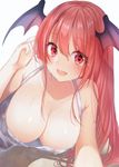  bat_wings blush breasts cleavage collarbone covered_nipples dress fang head_wings koakuma large_breasts long_hair looking_at_viewer natsuki_(ukiwakudasai) open_mouth red_eyes red_hair simple_background smile solo sweat touhou white_background white_dress wings 