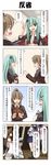  4koma 5girls ahoge akebono_(kantai_collection) aqua_hair blue_hair breasts brown_hair cleavage closed_eyes comic commentary crossed_arms crying damaged detached_sleeves dress english epaulettes green_eyes hair_between_eyes hair_ornament hairclip hallway hands_on_hips hat headgear highres hips jacket kantai_collection kongou_(kantai_collection) kumano_(kantai_collection) little_boy_admiral_(kantai_collection) medium_breasts military military_hat military_uniform multiple_girls murakumo_(kantai_collection) necktie no_bra nontraditional_miko one_eye_closed open_mouth oversized_clothes pantyhose peaked_cap pleated_skirt ponytail purple_hair rappa_(rappaya) sailor_dress school_uniform seiza shirt shoes short_sleeves side_ponytail sitting skirt smile streaming_tears suzuya_(kantai_collection) sweatdrop tears torn_clothes torn_shirt torn_sleeve translated underboob uniform v wide_sleeves 