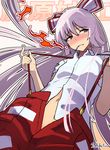  bare_arms blush bow clenched_teeth collared_shirt dutch_angle eyebrows_visible_through_hair fire from_below fujiwara_no_mokou hair_between_eyes hair_bow hands_up head_tilt highres lavender_hair long_hair looking_to_the_side mouth_hold navel nose_blush open_pants pants parted_lips red_eyes red_pants shirt short_sleeves solo suspenders suspenders_pull taketora_suzume teeth torn_clothes torn_sleeves touhou twitter_username unzipped upper_body very_long_hair white_shirt wing_collar 