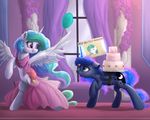  2017 balloon blue_eyes blue_feathers blue_hair cake clothed clothing dress duo english_text equine eye_contact feathered_wings feathers female feral food friendship_is_magic hair horn inside magic mammal multicolored_hair my_little_pony princess_celestia_(mlp) princess_luna_(mlp) smile text vanillaghosties white_feathers window winged_unicorn wings 