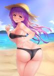 1girl ass bare_shoulders beach bikini blush breasts butt_crack embarrassed from_behind hat large_breasts long_hair looking_at_viewer naito_kirara open_mouth original panties purple_hair red_eyes shiny shiny_hair shiny_skin sideboob solo straw_hat swimsuit wavy_mouth 