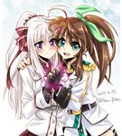  ahoge artist_name belt black_gloves blush bow brown_hair buttons dated epaulettes fingerless_gloves fringe_trim fuuka_reventon gloves green_eyes hair_bow hair_ribbon hand_on_another's_shoulder highres jacket long_hair long_sleeves looking_at_viewer lyrical_nanoha military military_uniform multiple_girls open_mouth ponytail purple_eyes ribbon rinne_berlinetta san-pon shiny shiny_hair signature smile teeth uniform upper_body vivid_strike! white_hair 