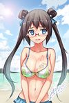  absurdres black_hair blue_eyes blue_ribbon blush breasts cleavage eyebrows_visible_through_hair glasses hair_ribbon heart highres large_breasts long_hair looking_at_viewer navel original parted_lips ribbon semi-rimless_eyewear solo sweat sweatdrop tic-tac-toe twintails wet x-boy 