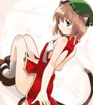  absurdres animal_ears back_cutout bare_arms bare_legs brown_footwear brown_hair cat_ears cat_tail chen china_dress chinese_clothes dress green_eyes green_hat hat highres knees_up mukuroi shoes side_slit simple_background sitting socks solo tail touhou white_background white_legwear 