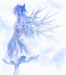  alternate_hair_length alternate_hairstyle blue blue_bow blue_hair bow cirno closed_eyes dress fleur-de-lis hair_bow highres ice ice_wings long_hair older puffy_short_sleeves puffy_sleeves see-through short_sleeves solo touhou very_long_hair wings 