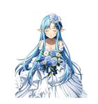  asuna_(sao) asuna_(sao-alo) blue_flower blue_hair bouquet breasts cleavage closed_eyes collarbone dress flower hair_flower hair_ornament holding holding_bouquet incoming_kiss jewelry long_hair necklace official_art parted_lips pointy_ears sleeveless sleeveless_dress small_breasts solo standing sword_art_online sword_art_online:_code_register transparent_background very_long_hair wedding_dress white_dress 