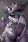  2016 black_sclera black_tears crown crying equine evehly fangs feathered_wings feathers female feral friendship_is_magic glowing glowing_eyes gold_(metal) hair hi_res horn jewelry long_hair mammal monster multicolored_hair my_little_pony necklace princess_celestia_(mlp) purple_eyes sharp_teeth solo tears teeth white_feathers winged_unicorn wings 