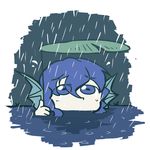 blue_eyes blue_hair head_fins holding lily_pad pond rain sad setz touhou wakasagihime 