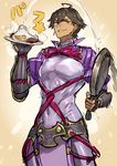  ahoge bacon brown_hair commentary_request cosplay covered_navel cowboy_shot dark_skin dark_skinned_male egg fate/grand_order fate_(series) fingerless_gloves food fried_egg frying_pan gloves highres holding holding_plate looking_at_viewer male_focus melon22 minamoto_no_raikou_(fate/grand_order) minamoto_no_raikou_(fate/grand_order)_(cosplay) ozymandias_(fate) plate short_hair skin_tight smile sound_effects yellow_eyes 
