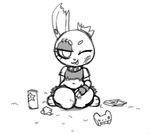  2017 3_fingers 3_toes anthro bruised clothed clothing collar controller crop_top digital_media_(artwork) eyebrows eyelashes female fingerless_gloves game_controller gloves hand_on_thigh itsded junk kneeling lagomorph looking_at_viewer mammal midriff monochrome navel notched_ear one_eye_closed piercing rabbit shirt shorts simple_background sketch smile solo spiked_collar spikes toes tongue tongue_out torn_clothing trash_bun_(itsded) wink 