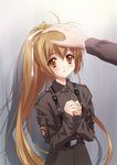  antenna_hair belt blush brown_hair brown_shirt carnelian eyebrows_visible_through_hair game_cg grey_background hair_between_eyes hair_ribbon hands_clasped highres katia_waldheim long_hair official_art open_mouth own_hands_together petting ribbon schwarzesmarken shirt suspenders very_long_hair white_ribbon yellow_eyes 