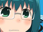  aqua_hair clenched_teeth close-up face glasses green_eyes gunuaki gununu joshiraku kuurubiyuutei_gankyou parody parted_lips solo teeth 