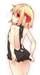  ass backless_outfit bare_arms bare_legs bare_shoulders black_panties black_sweater blonde_hair breasts dress flying_sweatdrops from_behind hair_ribbon looking_at_viewer looking_back meme_attire panties pantyshot pantyshot_(standing) profile red_eyes ribbon rumia shamo_(koumakantv) sideboob simple_background small_breasts solo standing sweater sweater_dress touhou turtleneck turtleneck_sweater underwear virgin_killer_sweater white_background 