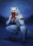  anthro arctic_fox blood canine clothing crouching crytrauv death eating fox fur gore lagomorph mammal nude rabbit simple_background solo trunorth 