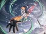  black_gloves blue_eyes blue_hair blush dated gloves goggles goggles_on_head hatsune_miku highres long_hair looking_at_viewer shon signature smile snow snowboard snowboarding snowing solo teeth twintails upside-down vocaloid 