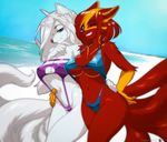  2017 anthro bikini black_nose blue_eyes breasts canine clothed clothing dreamspinner duo female fox fur hair krinele luckypan mammal molly_fullin multi_tail navel nipple_bulge one_eye_closed red_fur red_hair swimsuit white_fur white_hair wink 