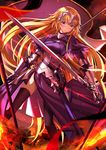  armor blonde_hair chain fate/apocrypha fate_(series) fire flag gauntlets headwear highres jeanne_d'arc_(fate) jeanne_d'arc_(fate)_(all) purple_eyes skirt solo sword swordsouls thighhighs weapon 