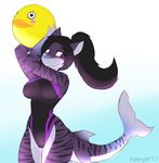  2017 anthro ball beach_ball breasts clothing female fish hair hi_res lila marine non-mammal_breasts purple_eyes shark simple_background sketch smile solo swimsuit thick_thighs white_background wide_hips xaenyth 