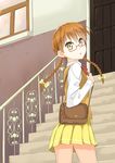  absurdres bag blush bow braid brown_eyes brown_hair door eyebrows_visible_through_hair glasses hair_bow handbag highres kantoku_(style) long_hair looking_at_viewer original parted_lips railing semi-rimless_eyewear skirt solo stairs tuya_yuanwang twin_braids yellow_bow yellow_skirt 