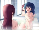  2girls angry bath blue_hair breasts covering_breasts long_hair love_live! love_live!_sunshine!! medium_breasts multiple_girls nude open_mouth purple_eyes red_hair sakurauchi_riko sellel sitting tsushima_yoshiko yellow_eyes 