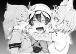  animal_ears breath closed_eyes commentary_request ear_licking eargasm elbow_gloves eyebrows_visible_through_hair fingerless_gloves gloves greyscale hat hat_feather highres horie_ryuu kaban_(kemono_friends) kemono_friends licking monochrome multiple_girls necktie open_mouth serval_(kemono_friends) serval_ears shoebill_(kemono_friends) short_sleeves sleeveless tongue tongue_out upper_body yuri 