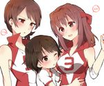  3girls arms_up bangs blush breast_press breasts brown_eyes brown_hair commentary_request girl_sandwich girls_und_panzer gym_shirt headband height_difference highres hug isobe_noriko kawanishi_shinobu kondou_taeko looking_at_another medium_breasts multiple_girls one_eye_closed parted_lips red_headband red_shirt sandwiched shirt short_hair short_ponytail short_sleeves simple_background sleeveless sleeveless_shirt sorimachi-doufu spoken_blush spoken_ellipsis sportswear standing upper_body volleyball_uniform white_background white_shirt 