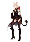  animal_ears bell black_footwear black_legwear blush boots bow cat_ears cat_paws cat_tail character_request copyright_request eyebrows_visible_through_hair high_heel_boots high_heels highres knee_boots looking_at_viewer paws red_bow red_eyes short_hair smile solo tail thighhighs white_hair wukloo 