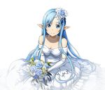  asuna_(sao) asuna_(sao-alo) blue_eyes blue_flower blue_hair bouquet breasts cleavage collarbone dress elbow_gloves flower gloves hair_flower hair_ornament holding holding_bouquet jewelry long_hair looking_at_viewer medium_breasts necklace official_art pointy_ears sitting sleeveless sleeveless_dress smile solo sword_art_online sword_art_online:_code_register transparent_background very_long_hair wedding_dress white_dress white_flower white_gloves 